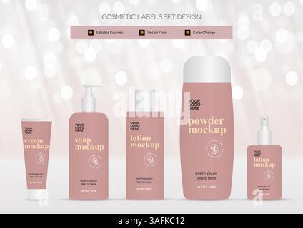 Cream Soap Lotion Powder Shampoo Talc Bottle Mockups Vector File Editable Packaging Template for Cosmetics and Toiletries Stock Vector