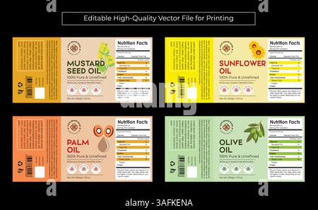 Oil Label Design for Sunflower Mustard Seed Oil Olive Palm safflower Castor Flax seed Sesame Coconut Oil Label, Editable high quality edible oil pure Stock Vector