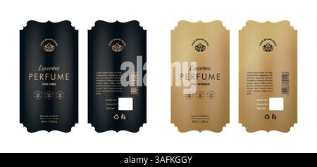 Collection of perfume label designs, gold black frame templates, logo, packaging, design of luxury products. Label template for soap, wine, lotion Stock Vector