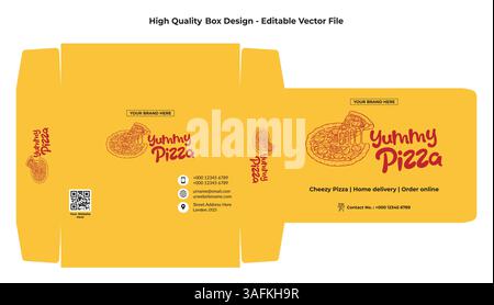 Pizza box design packaging design. Minimal vector packaging with die line. Modern typography, Pizza logo, sketch box design. Craft Paper box custom Stock Vector