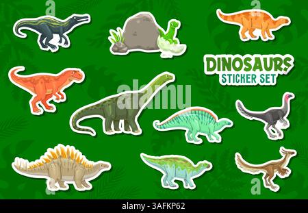 Stickers pack of prehistoric dinosaurs characters. Jurassic era extinct suchomimus, alectrosaurus, hypselosaurus and ouranosaurus, archaeornithomimus, aralosaurus dinosaurs cartoon personages stickers Stock Vector