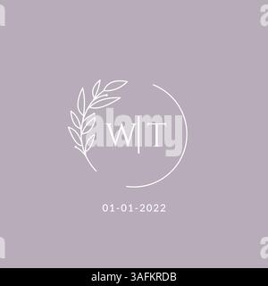 Initial monogram WT wedding logo with decorative floral frame vector graphic Stock Vector