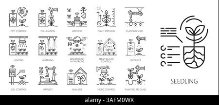 Robot smart farm icons, agriculture technology line art signs representing agriculture automation processes like pest control, pollination, weeding, irrigation, fertilization, temperature regulation Stock Vector