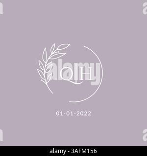 Initial monogram QH wedding logo with decorative floral frame vector graphic Stock Vector