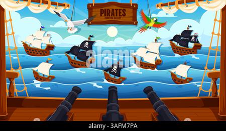 Pirate battle carnival shoot game, amusement park cartoon shooting range showcases corsair ships sailing the blue ocean. Vector funfair gallery environment with ship deck and cannons ready to fire Stock Vector