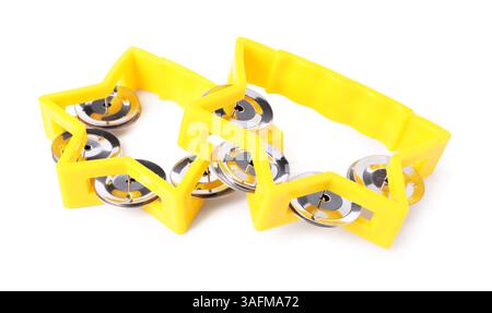 Yellow toy tambourines isolated on white. Child's musical instrument Stock Photo