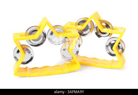 Yellow toy tambourines isolated on white. Child's musical instrument Stock Photo
