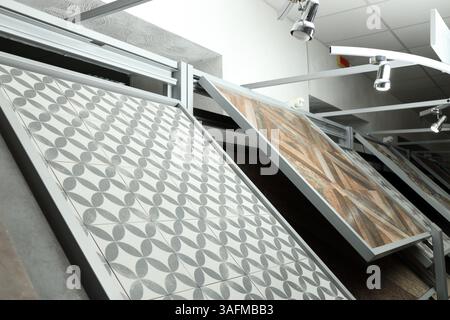 Different samples of tiles on display in store Stock Photo