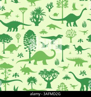 Dinosaur characters seamless pattern of Jurassic lizards and reptiles, vector background. Cartoon dino pattern with green trees and palm jungle, pterodactyl and giant dinosaurs for kids background Stock Vector