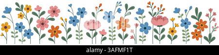 Horizontal seamless border with bright spring flowers. Flowers pattern in flat design style Stock Vector