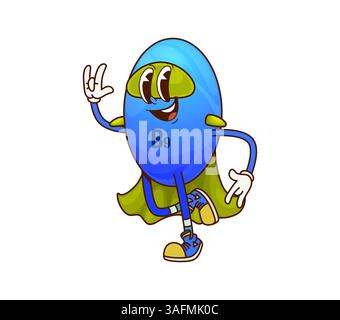 Cartoon groovy B9 vitamin superhero character. Isolated vector folic acid capsule wear cape and mask. Funny bubble super hero retro comics personage. Brave food supplement defender with hippie vibe Stock Vector