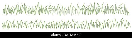 Seamless lines of grass. Hand drawing set of doodle grass borders. Meadow grass sketch, one line drawing Stock Vector