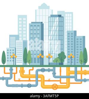 Underground pipelines. City engineering network. Gas pipes, water supply, sewerage, electrical networks. Vector  illustration Stock Vector