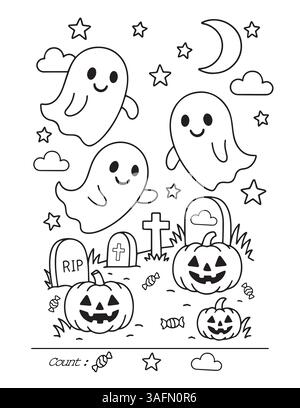 Halloween Coloring Page for kids, Cute ghosts in a graveyard with pumpkin jack-o-lanterns, printable. Vector illustration Stock Vector