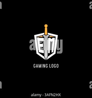Letter EM logo with shield and sword design inspiration vector graphic Stock Vector