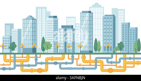Underground pipelines. City engineering network. Gas pipes, water supply, sewerage, electrical networks. Vector  illustration Stock Vector