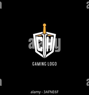 Letter CH logo with shield and sword design inspiration vector graphic Stock Vector
