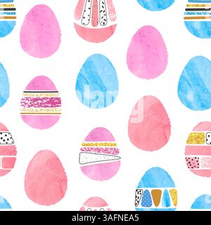 Easter eggs semless pattern. Vector print with watercolor decorated eggs Stock Vector