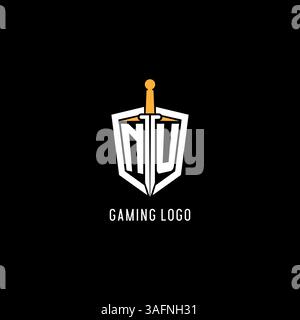 Letter NU logo with shield and sword design inspiration vector graphic Stock Vector