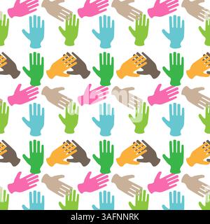 Colorful handprint pattern with diverse skin tones on white background Stock Vector