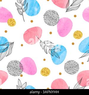 Seamless Easter pattern with watercolor eggs and doodle floral elements Stock Vector