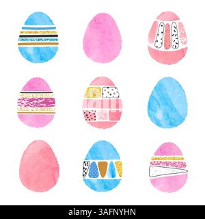 Easter eggs set. Watercolor vector illustration of  watercolor deorated eggs Stock Vector