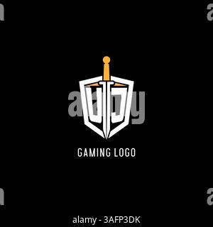 Letter UJ logo with shield and sword design inspiration vector graphic Stock Vector