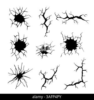 Set of black cracked hole designs on a white background Stock Vector