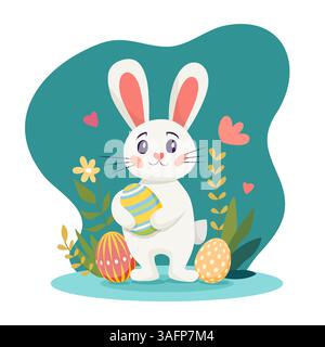 Cute rabbit with colorful eggs surrounded by flowers and leaves. Concept of Easter celebration, spring holiday Stock Vector