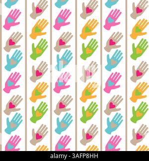 Colorful handprint pattern with hearts on white background Stock Vector