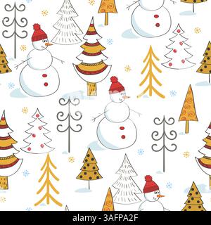 Merry Christmas seamless pattern with cute cartoon snowman and fir trees. Vector holiday winter background Stock Vector
