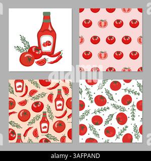 Ketchup sauce vector set. Tomatoes, chili pappers seamless pattern Stock Vector