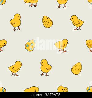 Easter pattern with cute baby chicks and eggs. Vector holiday print Stock Vector