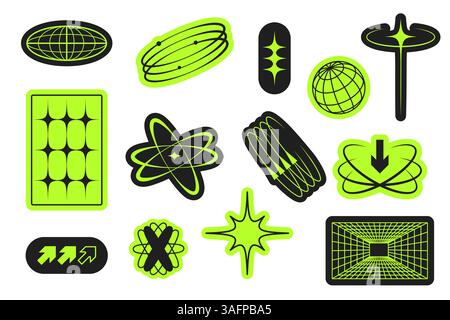 Collection of neon green Y2K style stickers with futuristic shapes and symbols Stock Vector