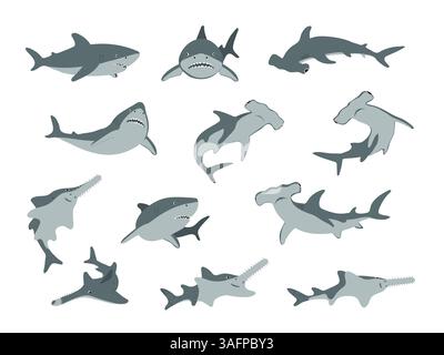 Sharks vector illustration. Cartoon Hammerhead shark and sawfish in different poses. Marine predator fish set Stock Vector