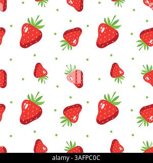 Summer fruit seamless pattern with strawberries. Perfect for fabric, packaging, and summer-themed designs. Bright, fresh and fruity background. Stock Vector