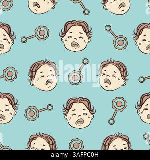 Crying baby seamless pattern. Vector print with sad kids and rattles Stock Vector