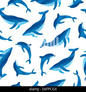 Seamless vector pattern with watercolor whales and dolphins. Veector nautical theme print Stock Vector