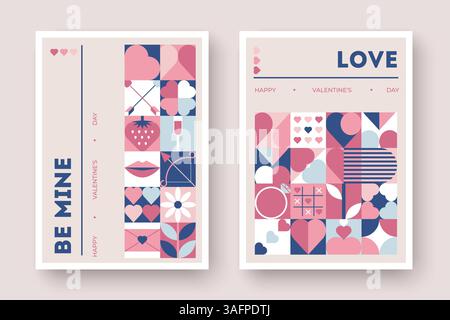 Abstract Valentines Day cards with geometric patterns featuring hearts, arrows, flowers, and romantic symbols Stock Vector