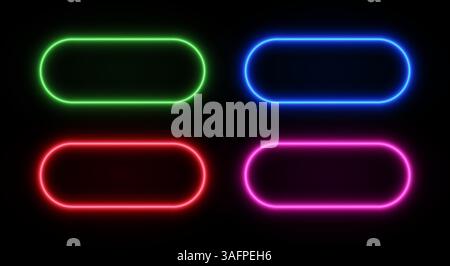 Neon glow rounded rectangle frame. Button led border light. Laser vector set of title templates on black background. Stock Vector