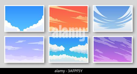 Six abstract sky backgrounds with various cloud formations and gradient colors Stock Vector