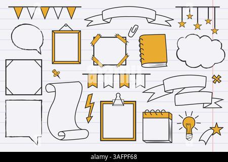 Collection of hand drawn stickers. Frames, speech bubbles, banners, and decorative elements on lined paper. Concept of journaling and scrapbooking Stock Vector
