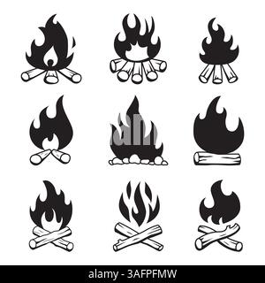 Campfire silhouettes with stylized fire and wood log combinations. Outdoor, camping and adventure concept Stock Vector