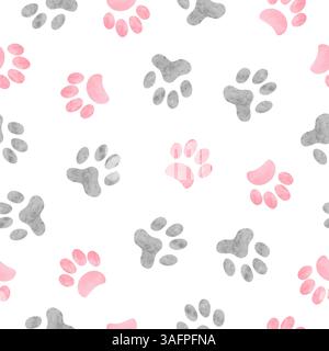 Pet paws print seamless pattern. Vector background with watercolor cat and dog paws Stock Vector