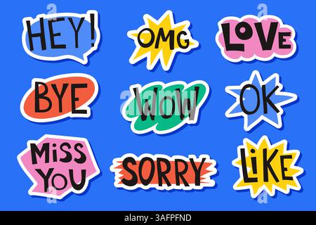 Colorful cartoon style hand drawn phrases in a different comic shapes on blue background Stock Vector