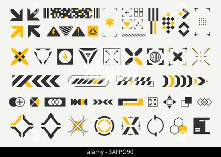 Set of futuristic sci fi UI elements in black and yellow. Cyberpunk themed interfaces, HUD overlays Stock Vector