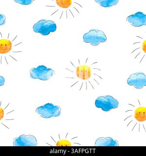 Cartoon sun and clouds seamless pattern. Vector watercolor print for kids Stock Vector