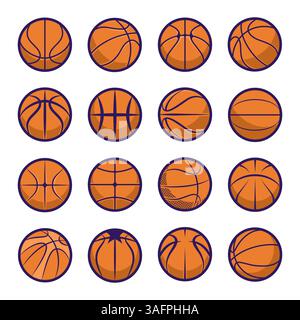 Collection of basketball ball icons with various design styles and patterns Stock Vector