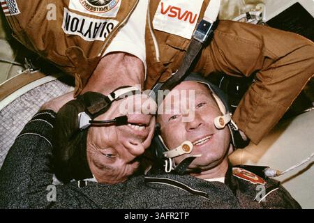 July 17, 2012 - Earth's Orbit - FILE - NASA astronauts Tom Stafford, DONALD K. DEKE SLAYTON (L) and VANCE BRAND in an Apollo Command and Service Module to meet Russian cosmonauts. On July 17, 1975, something momentous happened, two Cold War-rivals met in space. When their respective spacecraft rendezvoused and docked, a new era of cooperative ventures in space began. For more than a decade, American astronauts and Russian cosmonauts have been regularly living and working together in Earth orbit, first in the Shuttle-Mir program, and now on the International Space Station. But, before the two C Stock Photo