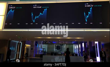 An electronic board displays information on recent fluctuations of market indices at the B3 Stock Exchange in Sao Paulo, Brazil April 7, 2025. (Photo Faga/Sipa Usa) Credit: Sipa USA/17�Թ����� Live News Stock Photo